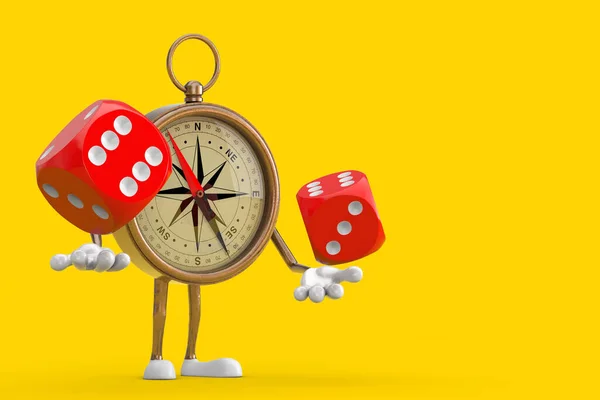 Antique Vintage Brass Compass Cartoon Person Character Mascot with Red Game Dice Cubes in Flight on a yellow background. 3d Rendering