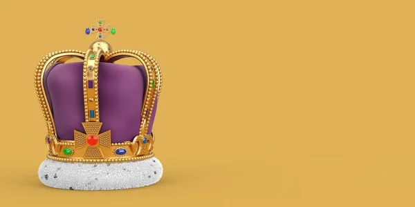 The Royal Coronation Golden Crown with Diamonds on a yellow background. 3d Rendering