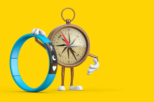 Antique Vintage Brass Compass Cartoon Person Character Mascot with Blue Fitness Tracker on a yellow background. 3d Rendering