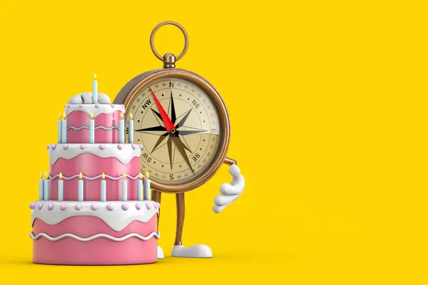 Antique Vintage Brass Compass Cartoon Person Character Mascot with Birthday Cartoon Dessert Tiered Cake and Candles on a yellow background. 3d Rendering