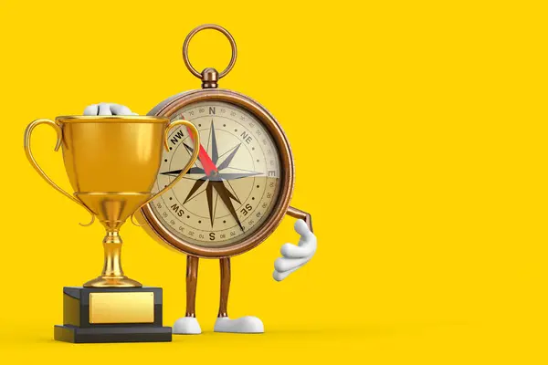Antique Vintage Brass Compass Cartoon Person Character Mascot with Golden Award Trophy on a yellow background. 3d Rendering