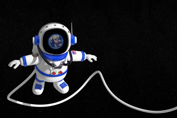 Cute Cartoon Mascot Astronaut Character Person Flying in Open Space extreme closeup. 3d Rendering