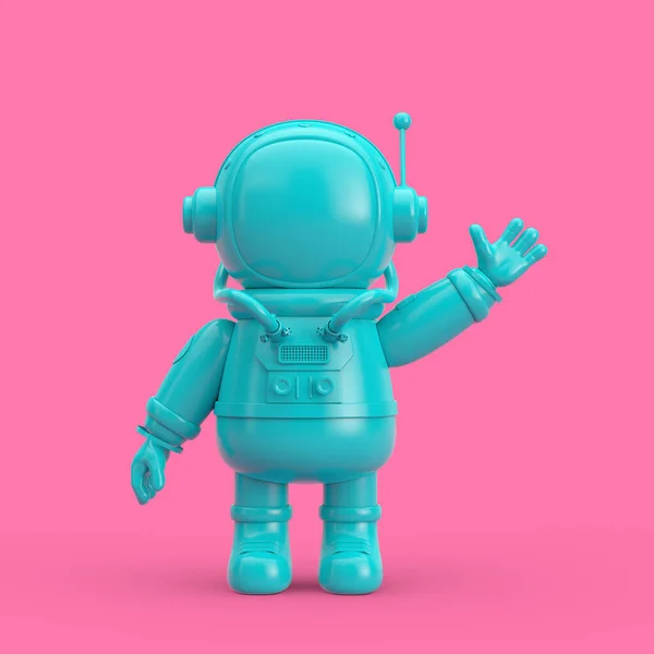 Blue Cute Cartoon Mascot Astronaut Character Person Waving Hand in Duotone Style on a pink background. 3d Rendering