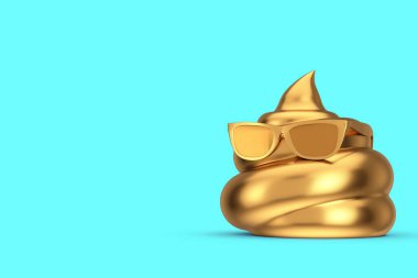 Golden Piece of Shit Cartoon Poop Icon with Sunglasses on a blue background. 3d Rendering 