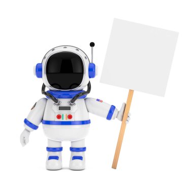 Maskot Maskotu Astronot Karakteri Tasarımına Boş Yer Veren Boş Sancak Tutan Beyaz Arkaplan. 3d Hazırlama 