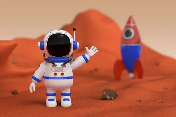 Cute Cartoon Mascot Astronaut Character Person Waving Hand near Rocket on a Red Mars Planet. 3d Rendering