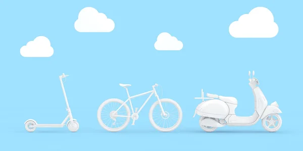 White Modern Eco Electric Kick Scooter, White Mountain Bike and White Classic Vintage Retro or Electric Scooter in Clay Style on a blue clouds sky background. 3d Rendering