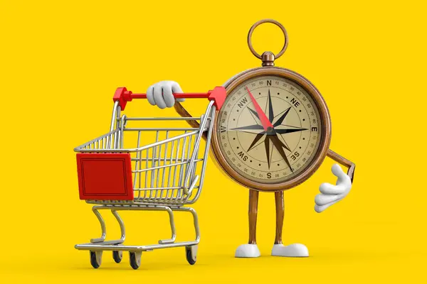 Antique Vintage Brass Compass Cartoon Person Character Mascot with Shopping Cart Trolley on a yellow background. 3d Rendering