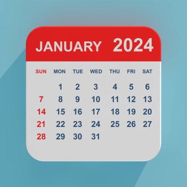 Düz Simge Takvimi Ocak 2024 mavi arka planda. 3d Hazırlama