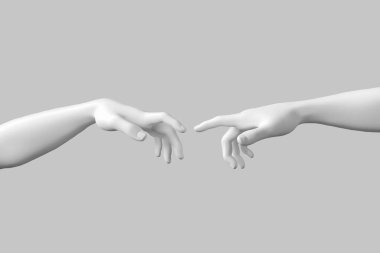 Hand to Hand. Abstract Imitation of Michelangelo's the Creation of Adam. God and Adam Hands on a white background. 3d Rendering  clipart