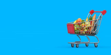 Mavi bir arka planda alışveriş arabası market malzemeleriyle dolu. 3d Hazırlama 