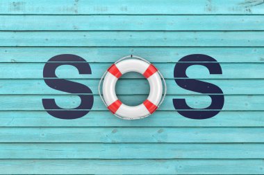 Mavi ahşap arka planda Lifebouy ile SOS işareti. 3d Hazırlama 