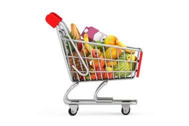 Beyaz bir arka planda alışveriş arabası market malzemeleriyle dolu. 3d Hazırlama 