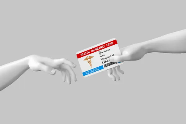 Health Insurance Concept. Abstract Imitation of Michelangelo\'s the Creation of Adam. The Hand of God Gives the Hand of Adam a Health Insurance Card on a white background. 3d Rendering
