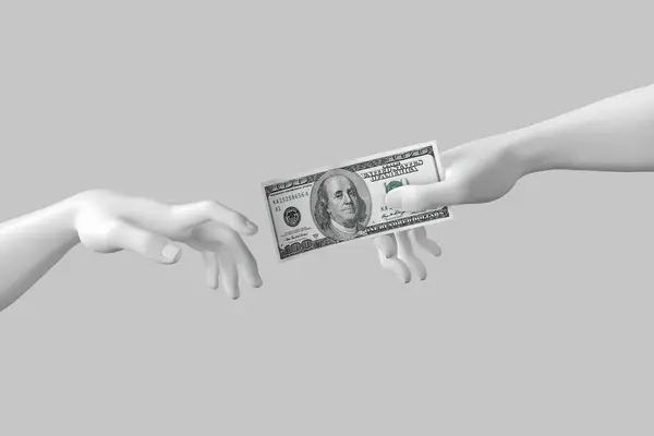 Hand to Hand. Abstract Imitation of Michelangelo\'s the Creation of Adam. The Hand of God Gives the Hand of Adam One Hundred Dollars Bill on a white background. 3d Rendering
