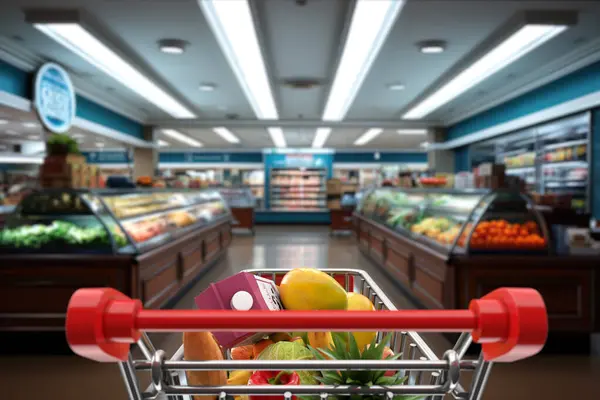 Buying Concept. Shopping Cart Trolley Full of Groceries in Supermarket on a white background. 3d Rendering