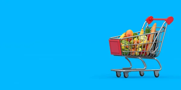 Shopping Cart Trolley Full of Groceries on a blue background. 3d Rendering
