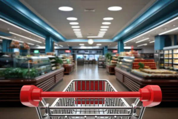 Buying Concept. Empty Shopping Cart Trolley in Supermarket on a white background. 3d Rendering