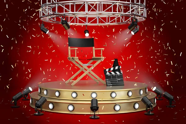 Director Chair, Movie Clapper and Megaphone on a Golden Product Presentation Podium Stage with Spotlights on a red background. 3d Rendering