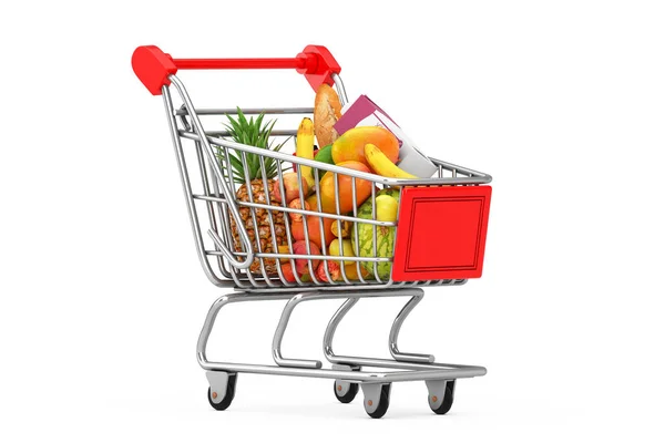 Wózek Zakupy Pełny Artykułów Spożywczych Białym Tle Renderowanie — Zdjęcie stockowe