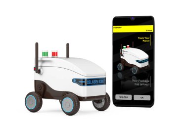 Yapay Zeka Servisi Teslimat Robot İHA 'sı Smartphone Mobile Phone yakınlarında beyaz arka planda Dağıtım Uygulamaları gösteriyor. 3d Hazırlama 