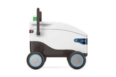 Beyaz arka planda Yapay Zeka Servisi Sevkiyat Robot İHA 'sı. 3d Hazırlama 