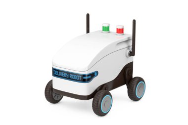 Beyaz arka planda Yapay Zeka Servisi Sevkiyat Robot İHA 'sı. 3d Hazırlama 