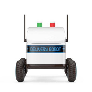 Beyaz arka planda Yapay Zeka Servisi Sevkiyat Robot İHA 'sı. 3d Hazırlama 