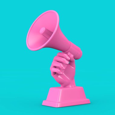 Mavi arka planda Duotone Style 'da Megafonla El Şekli dalında Pembe İş Ödülü. 3d Hazırlama 