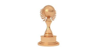 4k Çözünürlük Videosu: Altın Basketbol Toplu Altın Ödül Kupası ve Alfa Matte ile beyaz arka planda dönen Laurel Çelenksiz Döndürme