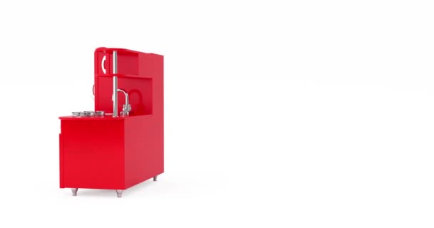 4K解像度视频 红色古董玩具厨房无缝圈在白色背景上旋转 带有阿尔法衬垫 免版税图库视频片段