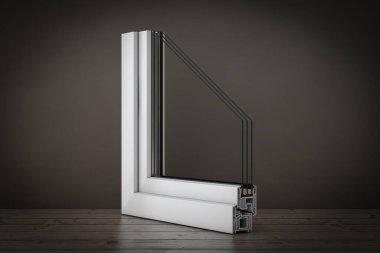 Ahşap masadaki Ayrıntılı Pencere PVC Profili. 3d Hazırlama 