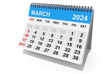 2024 Yıllık Mart takvimi beyaz arka planda. 3d oluşturma