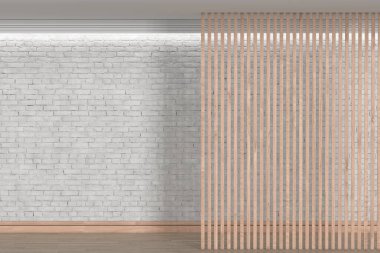 Beyaz Tuğla Duvarı 'nın önündeki Boş Oda Ahşap Bölme Bölümü. 3d Hazırlama 