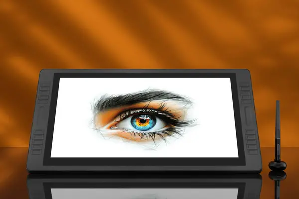 Big Size of Digital Graphics Drawing Tablet Monitor with Pen and Abstract Drawing of a Vibrant Colored Female Eye on an orange background. 3d Rendering