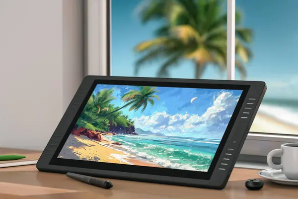 Big Size of Digital Graphics Drawing Tablet Monitor with Pen and Abstract Drawing of a Ocean Sand Beach on a Wooden Table Workplace extreme closeup. 3d Rendering