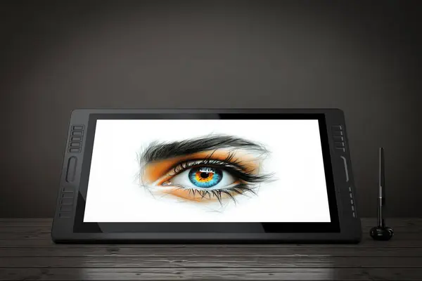 Big Size of Digital Graphics Drawing Tablet Monitor with Pen and Abstract Drawing of a Vibrant Colored Female Eye on a wooden table. 3d Rendering