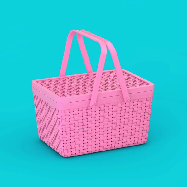Wicker Picnic Pink Basket Isolated in Duotone Style on a blue background. 3d Rendering