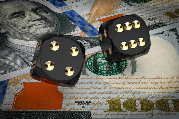 Black Game Dice Cubes in Flight on Hundred US Dollar Bills extreme closeup. 3d Rendering