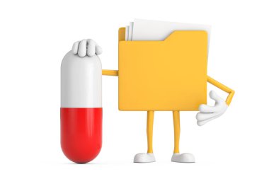 Sarı Dosya Dizini Simgesi Karikatür Karakteri Maskotu. Beyaz arka planda kapsül hapları var. 3d Hazırlama 