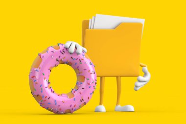 Sarı Dosya Dizini Simgesi Karakter Maskotu Büyük Çilekli Pembe Donut ve sarı arkaplan. 3d Hazırlama 