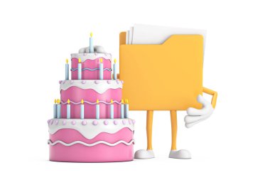 Sarı Dosya Dizini Simgesi Karikatür Karakteri Maskotu Doğumgünü Çizgi Filmi Tatlı Katmanlı Kek ve Mumlar beyaz arkaplanda. 3d Hazırlama 