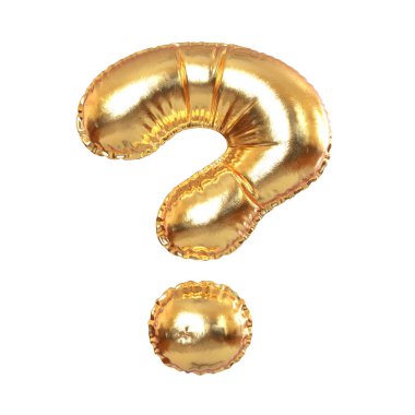 Altın Metal Balon Soru İşareti Bayram, Metin ve Tatil Sembolleri beyaz transperent bir arkaplanda. 3d Hazırlama