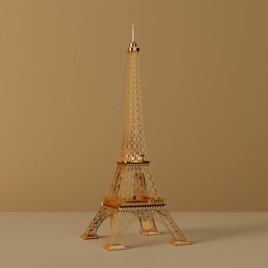 Sarı arka planda Altın Paris Eyfel Kulesi Heykeli. 3d Hazırlama