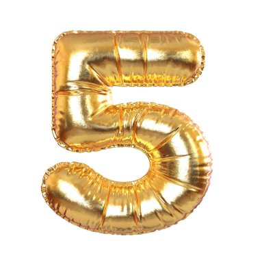 5 numaralı Altın Metal Balon Bayram, Metin ve Tatil Sembolü beyaz transperent bir arkaplanda. 3d Hazırlama