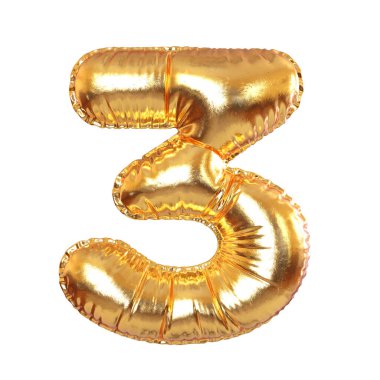 Üç numaralı Altın Metal Balon Bayram, Metin ve Tatil Sembolü beyaz transperent bir arkaplanda. 3d Hazırlama