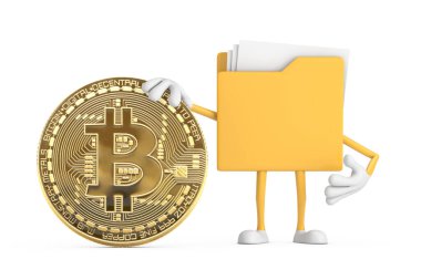 Sarı Dizin Simgesi Karikatür Karakteri Maskotu. Beyaz arka planda Şifreleme Altın Bitcoin Sikkesi var. 3d Hazırlama 