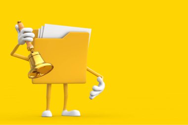 Sarı Dosya Dizini Simgesi Karakter Maskotu. Sarı arka planda klasik Altın Okul Çanı var. 3d Hazırlama 