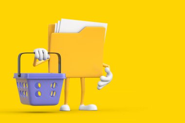 Sarı Dosya Dizini Simgesi Karikatür Karakteri Maskotu, sarı arka planda Çizgi Film Alışveriş Sepeti. 3d Hazırlama 