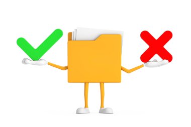 Sarı Dosya Dizini Simgesi Karakter Maskotu Kızıl Haç ve Yeşil Kontrol İşaretli, Onayla veya Reddet, Evet veya Hayır Simgesi beyaz arka planda. 3d Hazırlama 